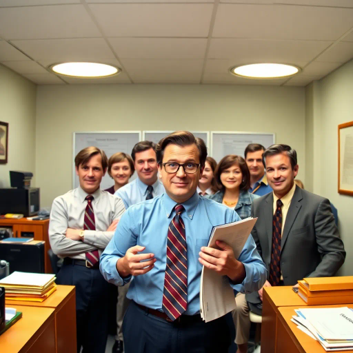 The Office, TV show, satirical humor, vibrant, Steve Carell, ensemble cast, mockumentary style, quirky, everyday life, work environment, subtle irony, character dynamics, Michael Scott, Dunder Mifflin, Scranton, Pennsylvania, documentary filming, 2000s television, comedic timing, deadpan expression, cultural phenomenon, paper company, witty banter, office antics, relatable humor, office supplies, Jim Halpert, Pam Beesly, Dwight Schrute, team dynamics, overhead fluorescent lighting, mundane yet charming, round camera angles, workplace relationships