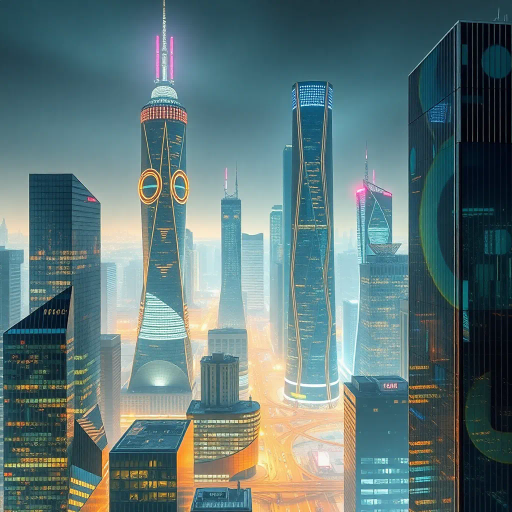 futuristic skyscrapers, hyper-realism, corporate architecture, Damien Hirst influence, urban landscape, metallic textures, reflective surfaces, skyscrapers, city skyline, financial district, high contrast lighting, vibrant neon colors, dynamic composition, modern aesthetics, sleek design, urban sprawl, corporate power, bustling metropolis, digital economy, high-tech environment, global trade, forward-thinking perspective, efficiency symbolism, complexity, geometric abstraction, material wealth, economic growth