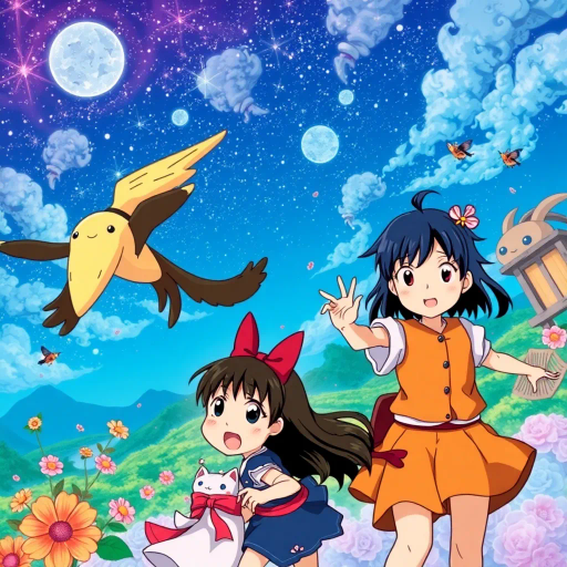 vibrant colors, dynamic action, intricate backgrounds, Studio Ghibli influence, narrative depth, whimsical characters, Japanese culture, expressive faces, fantasy adventure, emotional storytelling, traditional animation, manga aesthetics, lively environment, detailed costumes, cultural motifs, fluid motion, Harajuku fashion, melodic themes, light-hearted humor, ethereal landscapes