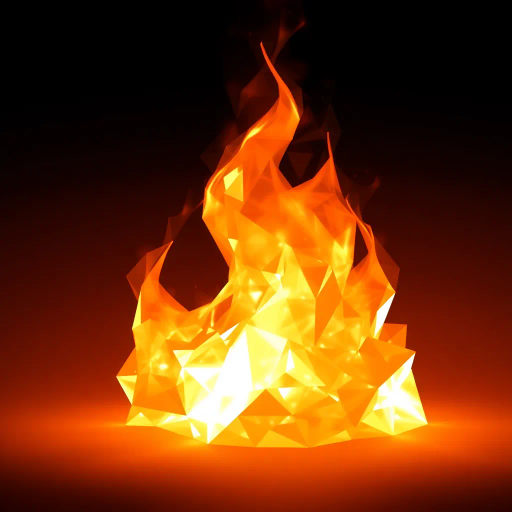 faceted geometry, polygonal forms, dynamic flames, flickering light, abstract fire, warm hues, angular shapes, minimalist design, digital abstraction, geometric patterns, modern interpretation, shimmering heat, textured surfaces, vibrant energy, crystalline structures, orange and red palette, elemental interplay, visual rhythm, stylized representation