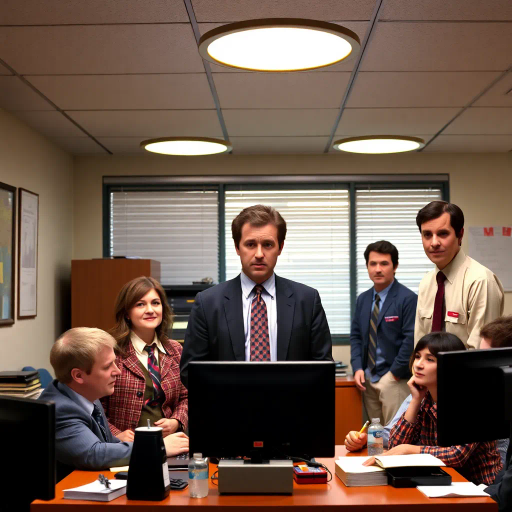 The Office, TV show, satirical humor, vibrant, Steve Carell, ensemble cast, mockumentary style, quirky, everyday life, work environment, subtle irony, character dynamics, Michael Scott, Dunder Mifflin, Scranton, Pennsylvania, documentary filming, 2000s television, comedic timing, deadpan expression, cultural phenomenon, paper company, witty banter, office antics, relatable humor, office supplies, Jim Halpert, Pam Beesly, Dwight Schrute, team dynamics, overhead fluorescent lighting, mundane yet charming, round camera angles, workplace relationships