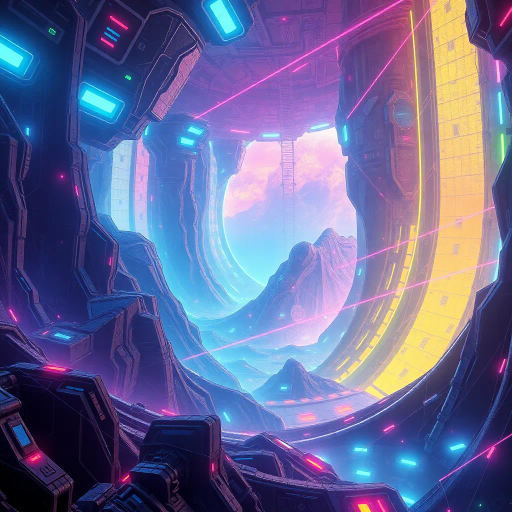 futuristic vision, artificial intelligence, dynamic movement, surreal landscapes, vibrant colors, technological elements, H.R. Giger, cyberpunk aesthetics, neon lighting, ethereal glow, high contrast, conceptual depth, mechanical textures, digital surrealism, bold geometry, abstract forms, innovative design, speculative fiction, intricate patterns, advanced robotics, dreamlike quality, sci-fi inspiration, interconnected networks, modernist influences, immersive atmosphere, thought-provoking