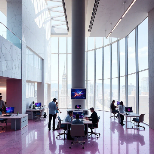 contemporary work environment, vibrant creativity, abstract architecture, light-filled spaces, Bauhaus influence, modern minimalism, dynamic geometry, vibrant color palette, textured surfaces, innovative technology, creative hub, teamwork dynamics, futuristic design, emotional energy, harmonious balance, neo-modern industrial, collaborative atmosphere, sleek lines, expansive views, urban landscape, innovative art techniques, surreal perspective