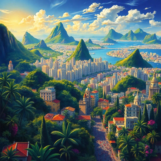 vibrant rainforest, sprawling cityscapes, Rio Carnival celebration, modernist architecture, Tarsila do Amaral, tropical paradise, lush landscapes, Samba rhythm, vivid color palettes, dynamic movement, cultural fusion, vibrant street art, warm sunlight, Copacabana beach, panoramic views, rich biodiversity, Botero-inspired figures, expressive brushstrokes, Amazon River, intricate textures, joyous atmosphere, cultural heritage, Henri Rousseau influence, energetic composition
