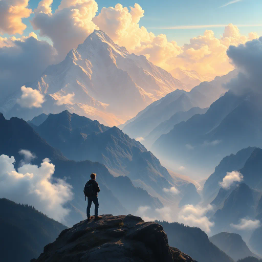 majestic mountains, expansive panorama, serene traveler, epic vista, dramatic lighting, ethereal clouds, vibrant colors, sweeping perspective, awe-inspiring landscape, tranquil mood, fine details, natural textures, sense of wonder, harmonious composition, exploration theme, high contrast, panoramic scale, delicate brushwork, romanticism influences, atmospheric depth, grandiosity, peaceful solitude, Caspar David Friedrich, dreamlike quality, mystical lands, poetic scenery, enchanted realm, luminous glow, wondrous adventure, imaginative vistas, lush foliage