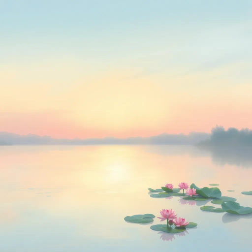 serene landscape, tranquil horizon, soft pastels, impressionist influence, Claude Monet, gentle brushstrokes, soothing ambiance, dawn light, reflections, water lilies, Japanese garden aesthetics, subtle gradients, atmospheric perspective, ethereal glow, natural harmony, Zen mindfulness, delicate textures, peaceful mood, open space, balanced composition, timeless beauty, nature's embrace, tranquility