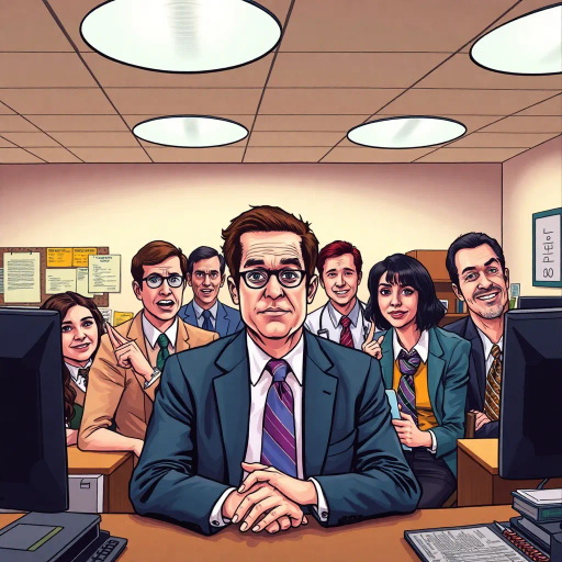 The Office, TV show, satirical humor, vibrant, Steve Carell, ensemble cast, mockumentary style, quirky, everyday life, work environment, subtle irony, character dynamics, Michael Scott, Dunder Mifflin, Scranton, Pennsylvania, documentary filming, 2000s television, comedic timing, deadpan expression, cultural phenomenon, paper company, witty banter, office antics, relatable humor, office supplies, Jim Halpert, Pam Beesly, Dwight Schrute, team dynamics, overhead fluorescent lighting, mundane yet charming, round camera angles, workplace relationships, exaggerated expressions, bold outlines, vibrant color palette, humor-infused scenes, dynamic panel composition, pop-art influences, exaggeration, expressive gestures, lively ambiance, whimsical storytelling, contemporary satire