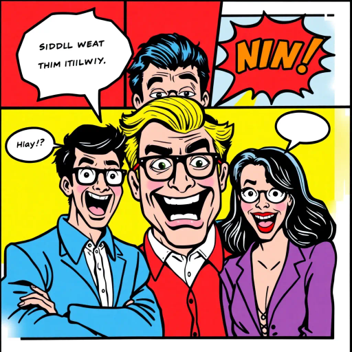 whimsical humor, bright colors, pop art influences, satirical composition, Roy Lichtenstein, exaggerated expressions, dynamic framing, bold outlines, playful tone, cultural commentary, modern-day settings, grid layout, speech bubbles, humorous narrative, juxtaposition, graphic elements, visual storytelling, iconic imagery, retro influences, mid-20th-century aesthetics