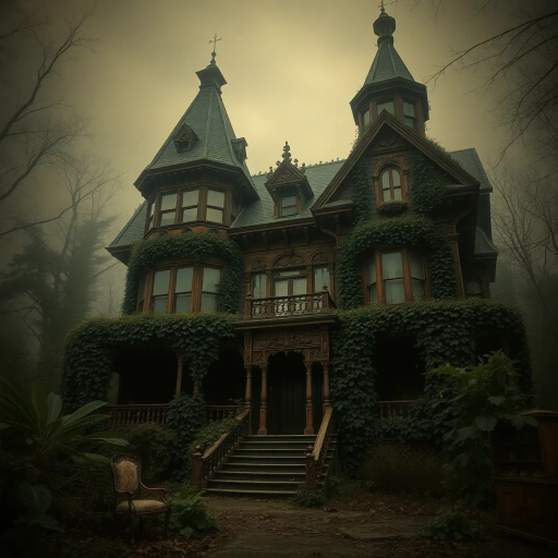 abandoned Victorian mansion, overgrown ivy, intricate woodwork, dark and moody, gothic architecture, muted earth tones, dramatic lighting, misty atmosphere, surrealism, decay, Tim Burton influence, cobweb textures, hidden mysteries, eerie stillness, romantic ruin, shadows and highlights, Victorian era, antique furniture, faded opulence, storytelling, melancholic nostalgia, high detail, soft brushstrokes, atmospheric depth, dilapidated elegance, mystery and allure, historical aura, vintage charm, magical realism, enigmatic, rich symbolism, chiaroscuro, Baroque influences, ethereal, dreamlike, twilight hues, sepia tones, forgotten history, immersive narrative, rich textures, haunting elegance, imaginative composition, mysterious ambiance