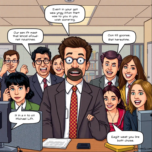 satirical humor, everyday life, workplace dynamics, vibrant colors, exaggerated expressions, quirky characters, Michael Scott, camera angles, documentary style, playful tone, American culture, ensemble cast, office environment, comedic timing, mockumentary feel, panel layout, speech bubbles, visual storytelling, relatable scenarios, improvisational flair, modern setting, emotional undertones, character development, symbolic objects