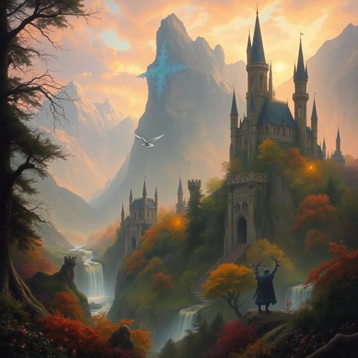 enchanted forest, mythical landscape, mystical mountains, Arthur Rackham, J.R.R. Tolkien inspiration, vibrant hues, ethereal glow, whimsical ambience, medieval castles, imaginative creatures, rich texture, luminous light, dreamlike setting, intricate patterns, magical realism, cascading waterfalls, ancient trees, airy atmosphere, vibrant flora, mythical beings, pastel skies, painterly technique, atmospheric perspective, enchanted twilight, timeless wonder, epic scale, surreal elements, storytelling elements, captivating allure, dream-like scenery, fairytale whimsy, rich history, cultural mythology, surreal geometry, mesmerizing vistas, mythical narrative, enchanting ambiance, luminous highlights, otherworldly ambience