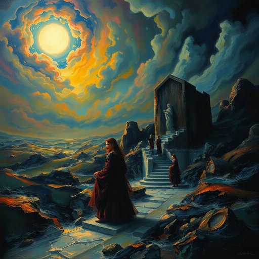 surreal landscape, Mike Worrall, dreamlike figures, ethereal glow, chiaroscuro, vibrant palette, enigmatic atmosphere, fluid motion, Renaissance influence, abstract forms, kaleidoscopic colors, impressionist brushwork, haunting beauty, dramatic contrasts, conceptual depth, mysterious narratives, twilight ambiance, surrealism, dynamic flow, intricate details