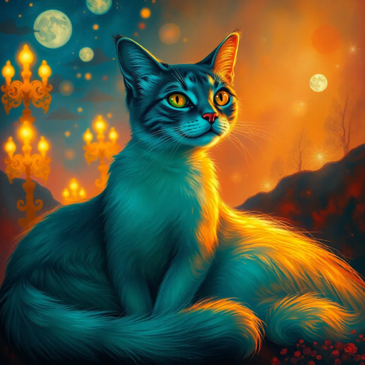 elegant feline form, surrealistic ambiance, inspired by Salvador Dali, Starry Night lighting, Baroque influences, vibrant hues of sapphire and emerald, soft fur texture, dreamlike and whimsical atmosphere, intricate detailing, dynamic pose, Renaissance composition, imaginative and mysterious, twilight setting, impressionist brushwork, ethereal glow, rich tapestry of colors, flowing lines, harmonious balance, artistic narrative, intriguing gaze, artistic depth, fanciful and otherworldly, timeless elegance