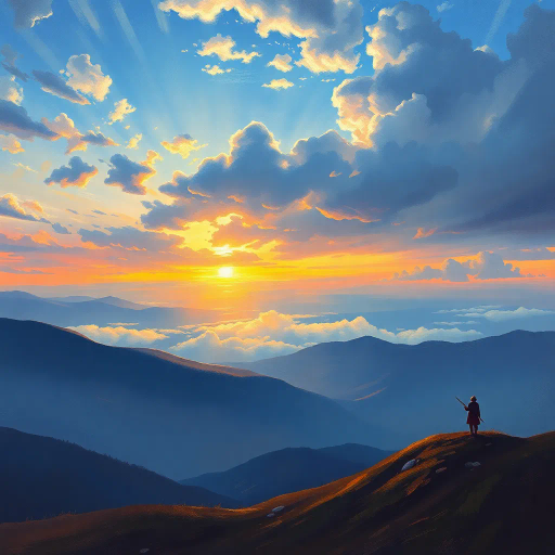majestic vista, serene atmosphere, dramatic horizon, vibrant sunrise, sweeping landscape, Claude Monet, impressionism, mastery of light, soft brushstrokes, ethereal glow, panoramic view, human solitude, contemplative mood, vast expanse, dynamic clouds, subtle hues, gentle gradients, impressionistic color palette, emotional depth, luminous highlights, rich textures, atmospheric perspective, harmonious composition, human-nature connection, wide-angle view, inspired by nature, timeless beauty, serene reflection