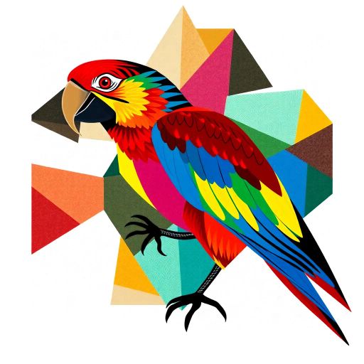 vivid parrot, geometric patterns, vibrant colors, cubism influences, Pablo Picasso, dynamic composition, abstract shapes, bold lines, tropical elements, fragmented forms, symmetry and asymmetry, kinetic motion, bright feathers, environmental textures, modernist twist, lively expression, angular perspectives, intense hues, cultural symbolism, contemporary framing