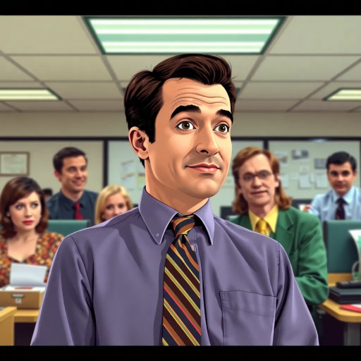 satirical humor, vibrant palette, Steve Carell, colorful ensemble cast, mockumentary style, quirky narratives, everyday work life, subtle irony, dynamic character interactions, Michael Scott, Dunder Mifflin offices, Scranton, Pennsylvania, documentary-style filming, 2000s television aesthetics, precise comedic timing, deadpan expression, cultural phenomenon, paper company dynamics, witty banter, humorous office antics, relatable humor, iconic office supplies, Jim Halpert, Pam Beesly, Dwight Schrute, office team dynamics, overhead fluorescent lighting, mundane yet charming atmosphere, rounded camera angles, workplace relationships, comic book panel structure, exaggerated expressions, lively dialogues