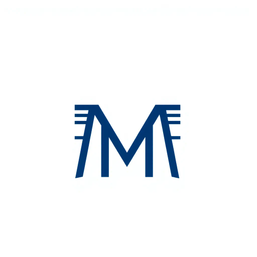 bold M logo mark, solid geometric letter, subtle thin horizontal connector lines, structured layers, indigo on white, modern minimal, SaaS branding, flat vector, Bauhaus influence, clean composition, contemporary design, balanced symmetry, stark contrast, negative space, minimalist aesthetic, crisp outlines, visual hierarchy, linear structure, brand identity, abstraction, simplicity
