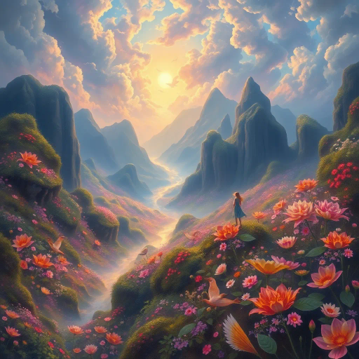 ethereal landscape, dreamlike imagery, intricate details, vivid colors, Claude Monet influence, surreal lighting, mystical atmosphere, whimsical elements, vast landscapes, otherworldly flora, flowing forms, harmonious composition, enchanting mood, imaginative scenery, luminous glow, rich textures, celestial motifs, fanciful constructs, gentle transitions, visual poetry