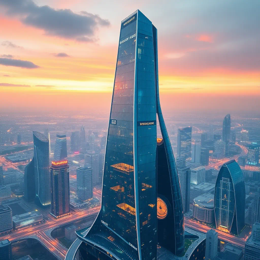 futuristic architecture, modern skyscraper, Salvador Dali influence, abstract design, neon lighting, blue and silver color palette, glass textures, dynamic composition, urban landscape, bustling atmosphere, corporate synergy, high-tech environment, contemporary vision, innovative structures, sleek lines, reflective surfaces, digital age, juxtaposition of organic and mechanical, expansive cityscape, creative synergy