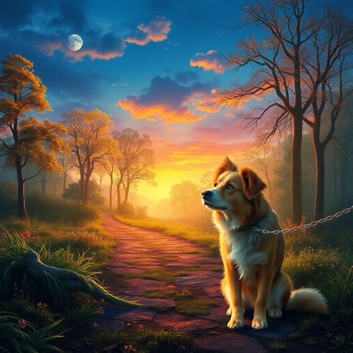 canine companion, majestic promenade, ethereal landscape, Claude Monet inspiration, enchanted forest, golden hour lighting, rich textures, vibrant color palette, dreamlike atmosphere, whimsical journey, detailed fur, nature's wonders, playful elegance, surreal elements, harmonious composition, storybook vibes, intricate patterns, gentle motion, captivating mystique, imaginative scenery