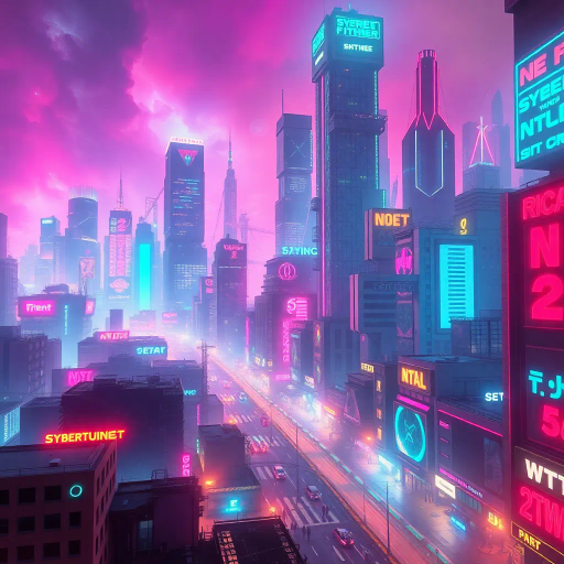 futuristic cityscape, cyberpunk dreamscape, neon lights, dynamic perspective, vibrant colors, atmospheric haze, reflective surfaces, Gigantic skyscrapers, abstract geometric shapes, synthwave influence, electric mood, virtual reality vibes, urban jungle, luminescent glow, bustling streets, Blade Runner homage, technological utopia, digital revolution, vivid details, immersive experience, sci-fi aesthetic