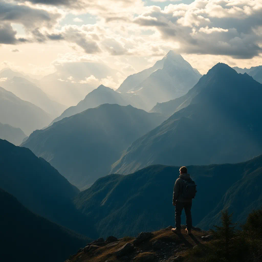majestic mountains, expansive panorama, serene traveler, epic vista, dramatic lighting, ethereal clouds, vibrant colors, sweeping perspective, awe-inspiring landscape, tranquil mood, fine details, natural textures, sense of wonder, harmonious composition, exploration theme, high contrast, panoramic scale, delicate brushwork, romanticism influences, atmospheric depth, grandiosity, peaceful solitude
