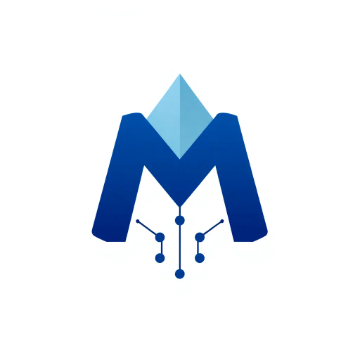 abstract letter M logo, geometric precision, peak as parent node, child nodes below, branching lines, tree hierarchy, indigo gradient, smooth transition, minimal vector, clean lines, white background, modern design, sleek composition, symmetry, interconnectedness, network symbolism, mathematical aesthetics, futuristic, elegant simplicity, negative space utilization