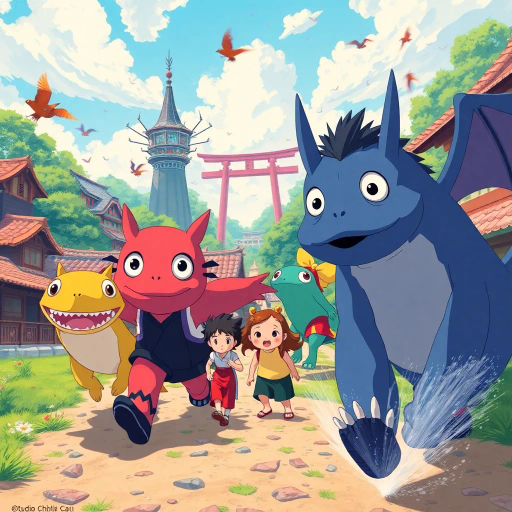 vibrant, Studio Ghibli, dynamic movement, bright colors, cel shading, whimsical, fantastical creatures, Japanese culture, expressive characters, large eyes, detailed scenery, storytelling, emotion-filled, Miyazaki-esque, surreal worlds, imaginative, youthful energy, modern twists, visual storytelling, romanticism, enchanting landscapes, cultural motifs, bold outlines
