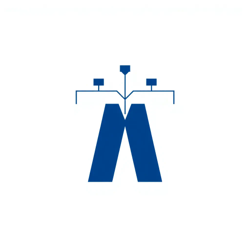 minimalism, bold letter M, geometric abstraction, solid form, small V-shaped connectors, branching tree structure, hierarchies, indigo blue, flat vector design, clean modern aesthetic, SaaS branding, white background, Bauhaus influence, contemporary graphic design, clean lines, precision, balance and symmetry, corporate identity, abstract symbolism, visual clarity