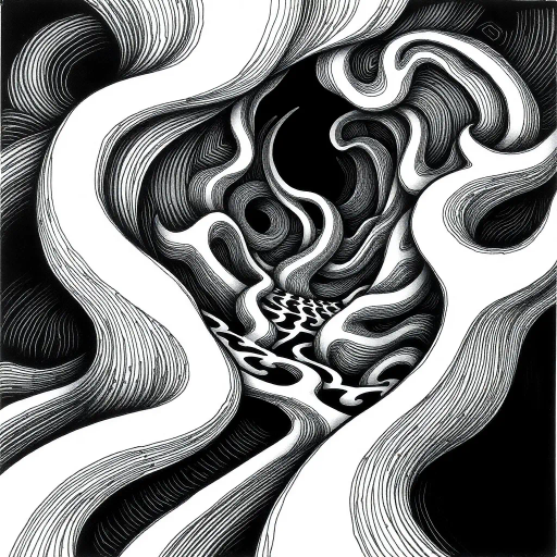 geometric shapes, intricate patterns, flowing lines, abstract expression, monochrome palette, dynamic movement, M.C. Escher influence, precise detailing, linear perspective, visual harmony, spatial depth, surreal geometry, optical illusions, mathematical precision, avant-garde composition, Escherian landscapes, pen and ink medium, black and white contrast, intersecting lines, detailed tessellation, fluid dynamics, rhythmic patterns, visual paradox, complex symmetry, creative geometry, fine linework, subtle gradients, modern abstraction, infinite loops, artistic paradox, surreal complexity, visual enigma, artistic contemplation, intricate symbology, contemporary influence, conceptual exploration, contour emphasis