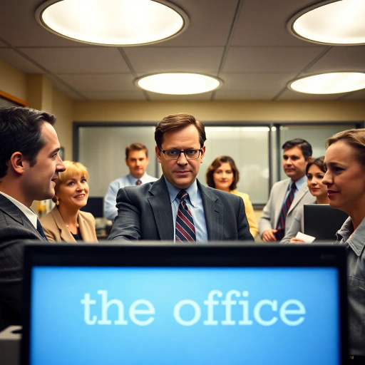 The Office, TV show, satirical humor, vibrant, Steve Carell, ensemble cast, mockumentary style, quirky, everyday life, work environment, subtle irony, character dynamics, Michael Scott, Dunder Mifflin, Scranton, Pennsylvania, documentary filming, 2000s television, comedic timing, deadpan expression, cultural phenomenon, paper company, witty banter, office antics, relatable humor, office supplies, Jim Halpert, Pam Beesly, Dwight Schrute, team dynamics, overhead fluorescent lighting, mundane yet charming, round camera angles, workplace relationships