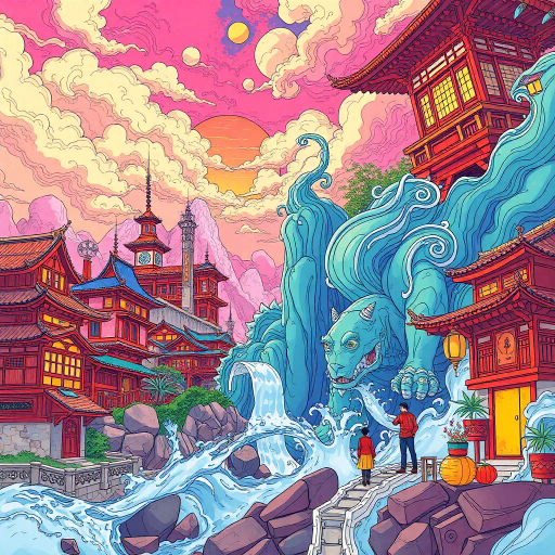 vibrant colors, dynamic composition, Studio Ghibli inspiration, detailed environments, expressive character designs, emotional depth, fantastical themes, cultural motifs, fluid motion, nostalgic atmosphere, distinctive line art, otherworldly settings, intricate detailing, magical realism, retro-futuristic elements, storytelling focus, character-driven narrative, visual storytelling, imaginative landscapes, enchanting creatures