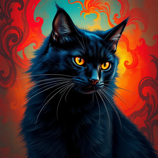 elegant feline, majestic pose, intricate whiskers, shimmering fur, vibrant colors, chiaroscuro, dynamic lighting, Salvador Dali surrealism, Art Nouveau curves, ethereal elegance, expressive eyes, whimsical, 20th century inspiration, mysterious allure, soft textures, enchanting presence, intricate details, bold composition, flowing lines, dreamlike atmosphere, feline grace, captivating gaze, abstract background, spiritual symbolism, vibrant palette, contemporary twist, artistic expression