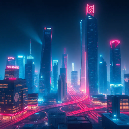 corporate landscape, futuristic cityscape, sleek architecture, modernism, digital rendering, ethereal lighting, glossy surfaces, vibrant neon hues, urban environment, skyscrapers, technological sophistication, dynamic composition, sharp lines, high contrast, bustling atmosphere, global influence, modern business world, expansive city views, reflections, sky-high perspectives, innovation and progress symbolism