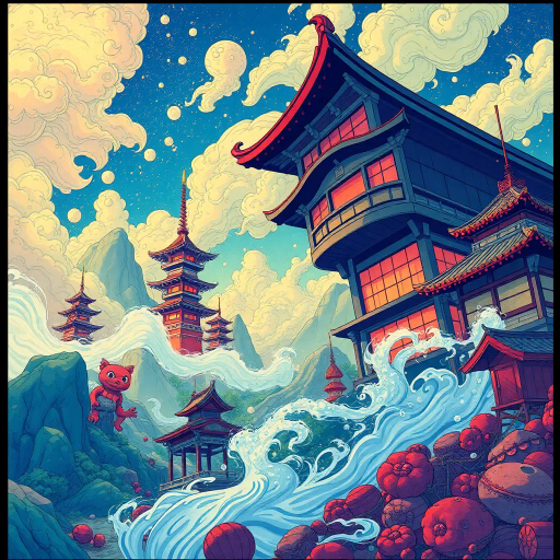 vibrant colors, dynamic composition, Studio Ghibli inspiration, detailed environments, expressive character designs, emotional depth, fantastical themes, cultural motifs, fluid motion, nostalgic atmosphere, distinctive line art, otherworldly settings, intricate detailing, magical realism, retro-futuristic elements, storytelling focus, character-driven narrative, visual storytelling, imaginative landscapes, enchanting creatures