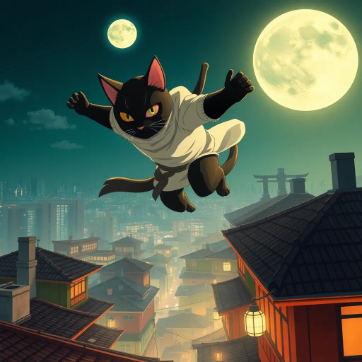 ninja cat, dynamic movement, leaping rooftops, urban nightscape, illuminated moonlight, sleek shadows, stealth and agility, Masashi Kishimoto inspiration, vivid palette, contrasting tones, Japanese architecture, playful and mysterious, flowing motion, ethereal ambiance, bustling city below, rooftops as battleground, high vantage perspective, subtle textures, vibrant detailing, sense of anticipation