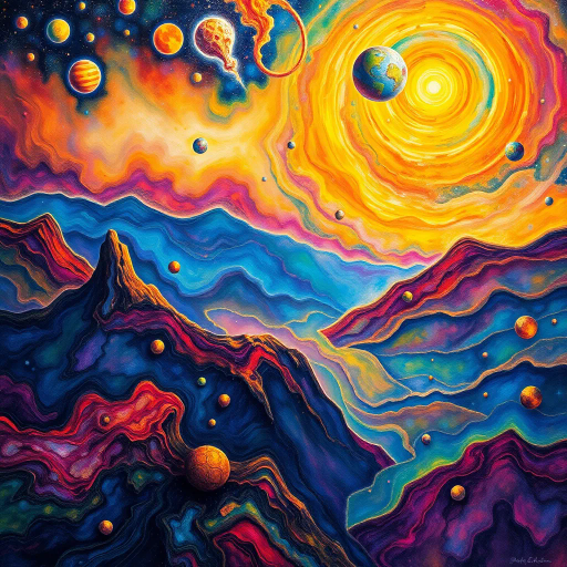 ethereal landscape, vibrant hues, dreamy color palette, surrealism, intricate patterns, flowing lines, celestial bodies, immersive depth, fantastical scenery, Claude Monet, Salvador Dali, luminous lighting, mystical atmosphere, abstract forms, cosmic energy, layered textures, expressive brushstrokes, kaleidoscopic elements, whimsical details, Renaissance influence, dynamic composition, visionary art, expansive horizon