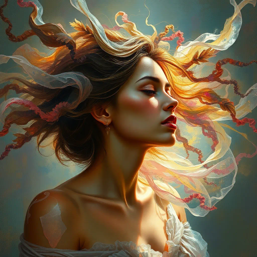 ethereal woman, renaissance lighting, dramatic contrasts, vibrant hues, delicate textures, impressionist influences, emotionally evocative, modern twist, surrealism undertones, dynamic composition, fluid movement, Baroque era inspiration, intricate details, fantastical elements, cultural richness, harmonious balance, mythical aura, expressive gesture, lively ambiance, magical realism, soft brushstrokes, timeless beauty, Claude Monet, Michelangelo, ethereal lighting, juxtaposition of colors, fluid symmetry, dreamlike quality, whimsical elegance, historical depth, narrative storytelling, painterly quality, atmospheric perspective, dramatic shadows