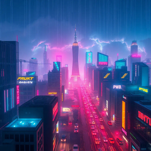 futuristic, cyber, vibrant neon, circuit-inspired, Blade Runner, dystopian cityscape, ultramodern architecture, glowing holograms, cyberpunk aesthetic, William Gibson influence, synthetic clouds, digital rain, high contrast lighting, night urban landscape, sleek technology, 1980s retro-futurism, electric hues, bustling metropolis, immersive atmosphere, kinetic energy, urban sprawl, reflective surfaces, chiaroscuro, sci-fi noir, cutting-edge design, pulsating movements, dynamic composition, virtual reality, electroluminescent materials