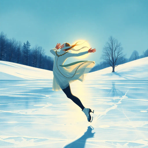 winter landscape, elegant skater, Olympic grace, dynamic motion, structured composition, shimmering ice, vibrant contrasts, soft blues, crisp whites, Gustave Dore influence, ethereal glow, serene ambiance, athletic prowess, flowing movement, harmonious balance, intricate patterns, art nouveau ornamentation, contemporary dynamics, frozen elegance, subtle textures, layered depth, innovative depiction, cultural excellence, delicate precision