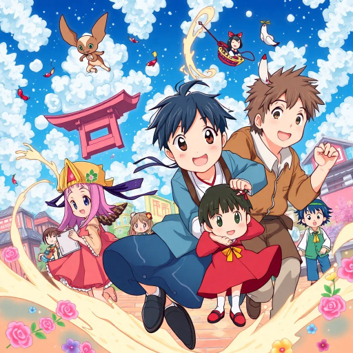 vibrant colors, dynamic action, intricate backgrounds, Studio Ghibli influence, narrative depth, whimsical characters, Japanese culture, expressive faces, fantasy adventure, emotional storytelling, traditional animation, manga aesthetics, lively environment, detailed costumes, cultural motifs, fluid motion, Harajuku fashion, melodic themes, light-hearted humor, ethereal landscapes