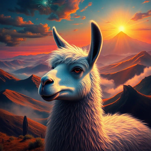 mystical llama, Salvador Dalí, surreal landscapes, vibrant colors, flowing textures, ethereal glow, fantastic realism, imaginative creativity, otherworldly ambiance, enchanted highlands, dreamlike scenery, mythical charm, dynamic composition, magical realism, cloaked in mist, detailed fur, luminous alpenglow, whimsical allure, gentle majesty, impressionistic, radiant horizon