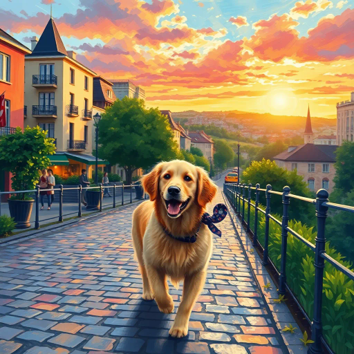 canine companion, golden retriever, leisurely stroll, vibrant cityscape, cobblestone path, impressionism, pastel colors, vibrant hues, luminous lighting, contemporary urban setting, whimsical atmosphere, Claude Monet influences, textured strokes, dynamic perspective, kinetic energy, Edward Hopper inspiration, serene skyline, lush greenery, warm sunset glow, playful movement, street art influence, emotional serenity, narrative composition, harmonious composition, joyful expression, bold contrast, delightful exploration, rich textures, pastoral scenery, Impressionist brushstrokes, charming village, vivid storytelling