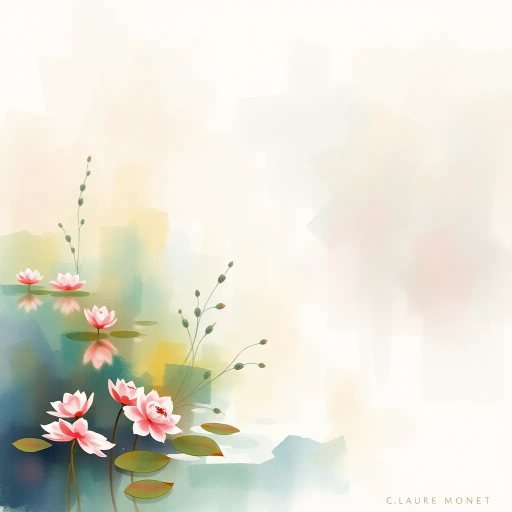 ethereal watercolors, Claude Monet, impressionism, soft pastels, fluid movement, dreamy haze, nature's serenity, garden landscapes, reflections in water, painterly brushstrokes, tranquil ambiance, translucent layers, diffused light, organic forms, vibrant blooms, delicate washes, plein air essence, contemplative mood, harmonious color palette