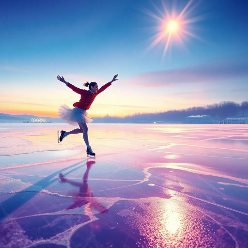 winter landscape, graceful skater, Olympic competition, dynamic motion, surreal elegance, glistening ice, dramatic lighting, vibrant colors, fluid movement, delicate balance, modern artistry, celebratory atmosphere, sportsmanship, international influence, precise technique, Alexander Calder inspiration, futuristic design, cold palette, geometric patterns, sweeping lines, epic scale, abstract realism, vivid textures, harmonious composition