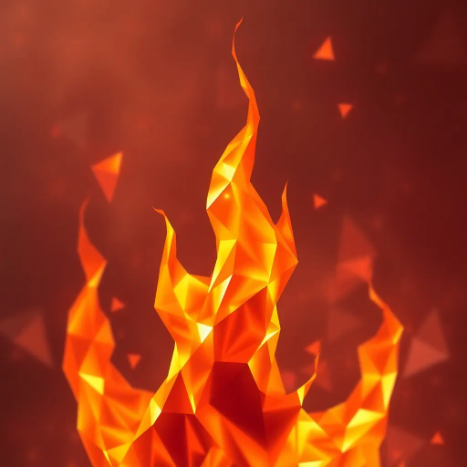 faceted geometry, polygonal forms, dynamic flames, flickering light, abstract fire, warm hues, angular shapes, minimalist design, digital abstraction, geometric patterns, modern interpretation, shimmering heat, textured surfaces, vibrant energy, crystalline structures, orange and red palette, elemental interplay, visual rhythm, stylized representation