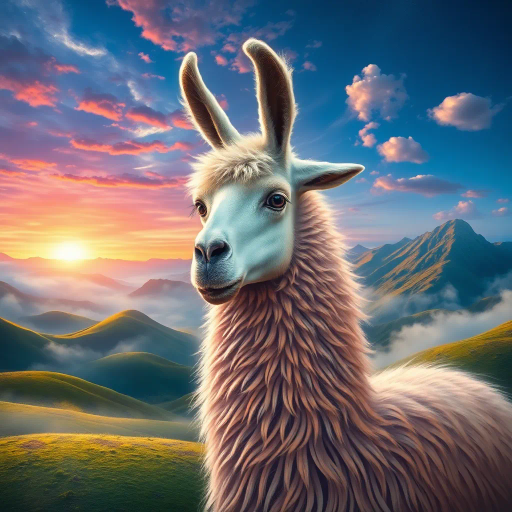 mystical llama, Salvador Dalí, surreal landscapes, vibrant colors, flowing textures, ethereal glow, fantastic realism, imaginative creativity, otherworldly ambiance, enchanted highlands, dreamlike scenery, mythical charm, dynamic composition, magical realism, cloaked in mist, detailed fur, luminous alpenglow, whimsical allure, gentle majesty, impressionistic, radiant horizon