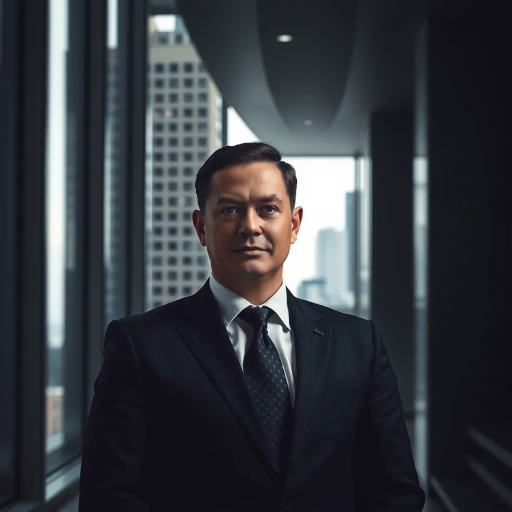 executive, portrait, modern office, chiaroscuro lighting, sleek design, authority, power, business attire, professional setting, sharp focus, corporate environment, elegance, contemporary, high-rise building, urban backdrop, soft shadows, confidence, leadership, minimalistic, ceo style, monochromatic color palette, sophisticated, balanced composition, dynamic angles, reflective surfaces, formal posture, 21st century, urban chic, commanding presence