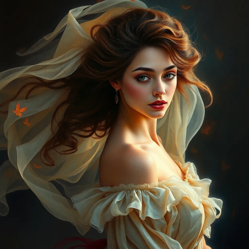 elegant woman, ethereal beauty, Baroque influences, chiaroscuro lighting, vibrant color palette, soft brush strokes, contemporary twist, flowing movement, emotional depth, surreal elements, figurative composition, dynamic pose, intricate details, timeless elegance, serene expression, atmospheric background, rich textures, delicate features, classical composition, modern interpretation, feminine grace