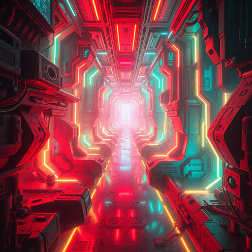 immersive virtual reality, futuristic landscapes, cyberpunk influences, vibrant neon colors, dynamic perspectives, interactive environments, speculative technology, complex geometric shapes, cutting-edge interfaces, uncanny realism, simulation and reality blending, radiant digital glow, hyper-detailed textures, electronic imagery, visual abstraction, innovative exploration, tech-noir atmosphere, fluid movement dynamics, parallel worlds, infinite scale, William Gibson inspirations, contemporary digital aesthetics, captivating illusions, ethereal light.